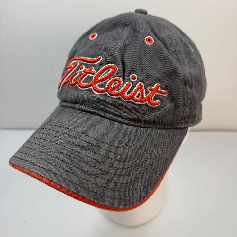 New Era x Titleist Golf Hat Grey Orange Spell Out Script Cap Gray Vintage